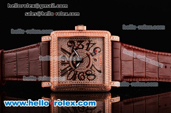 Franck Muller Conquistador Swiss ETA 2824 Automatic Rose Gold Case with Diamond Dial and Brown Leather Strap - Click Image to Close